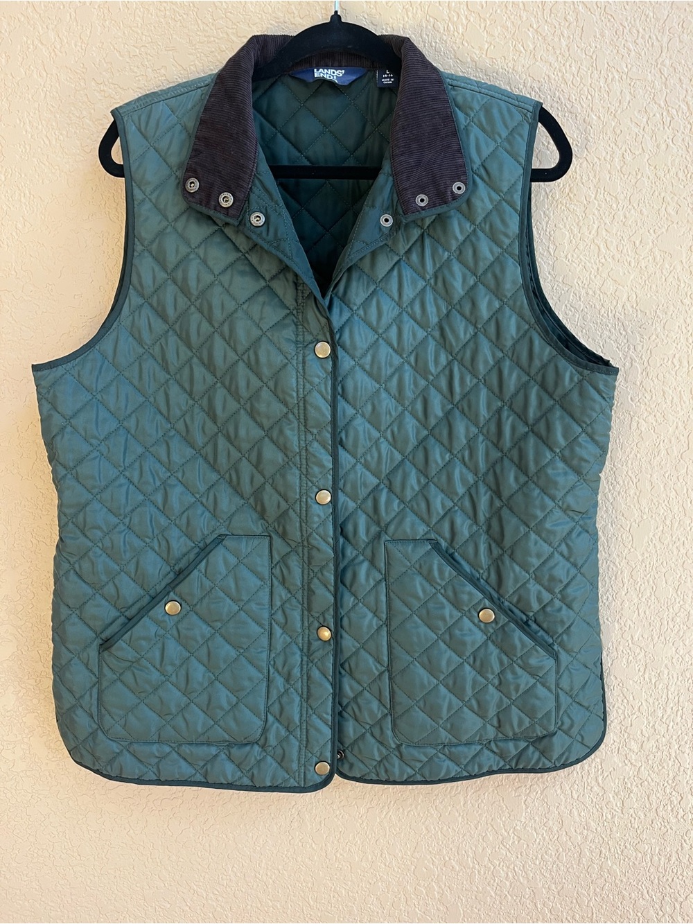 Lands' End Quilted Vest with Corduroy Collar - green